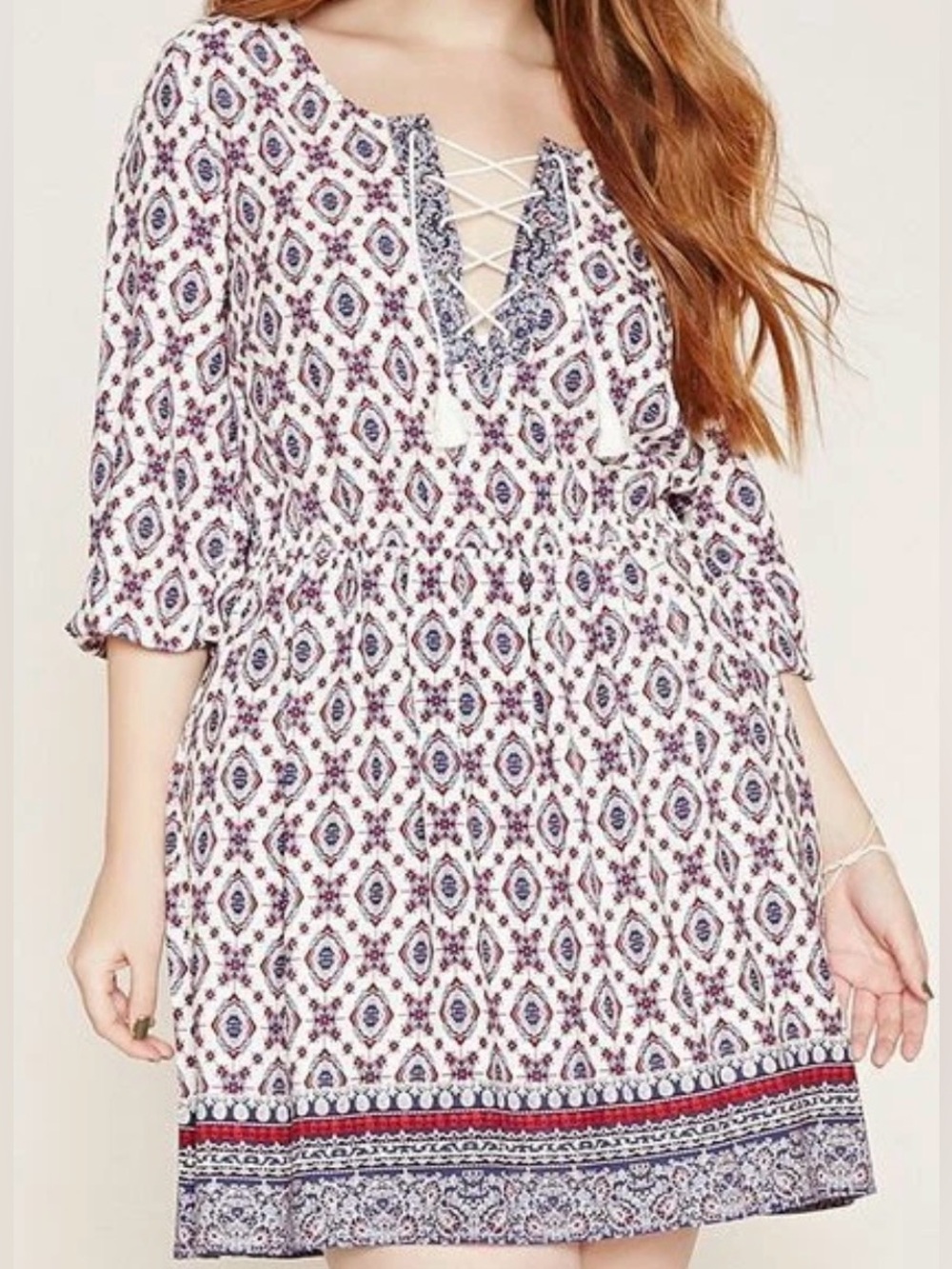 Forever 21 dress small red white blue Multi 3/4 Sleeves boho Ornate Lace Up